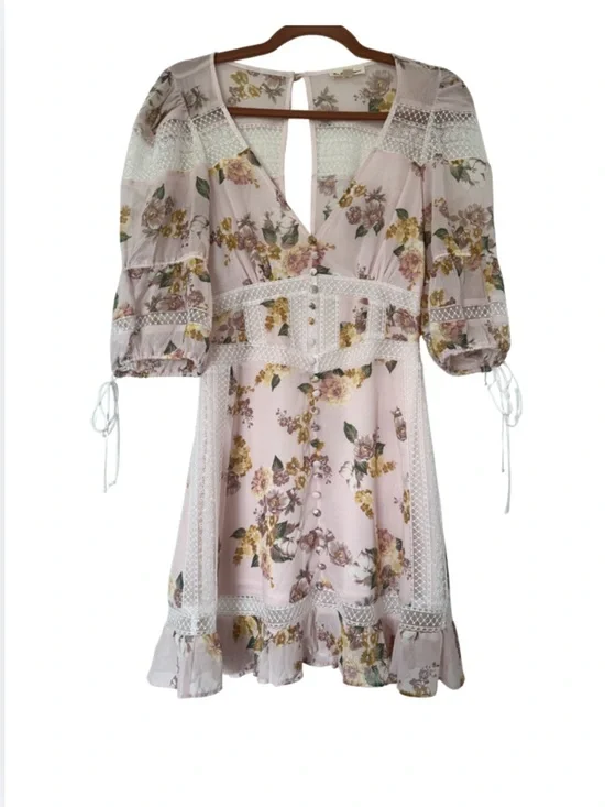 For Love & Lemons Silk Floral Mini Dress - Lace, Buttons, Puff Sleeves - XS - Picture 3 of 10